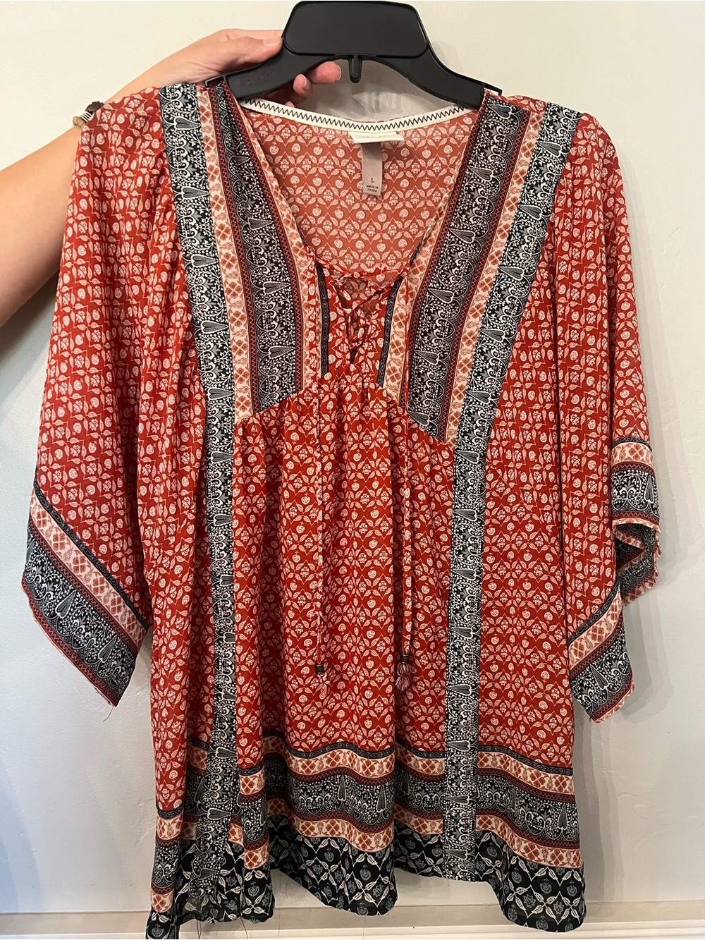 Knox Rose Rust Red Geo-Print Peasant Blouse